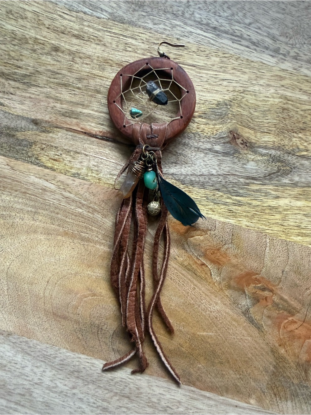 Boho Dreamcatcher Earring with Turquoise Bead and Feather